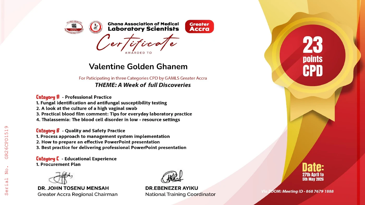 Twenty-three-point 2026 continuing professional development certificate awarded to Valentine Golden Ghanem by the Ghana Association of Medical Laboratory Scientists, Greater Accra Region