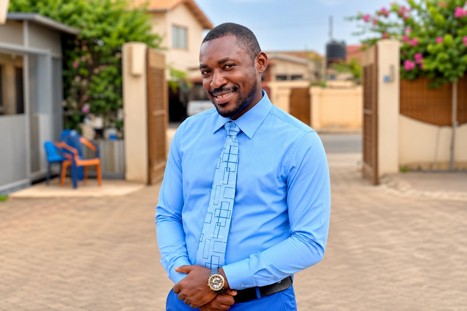 Portrait at a residential gate, beside flowering shrubs.